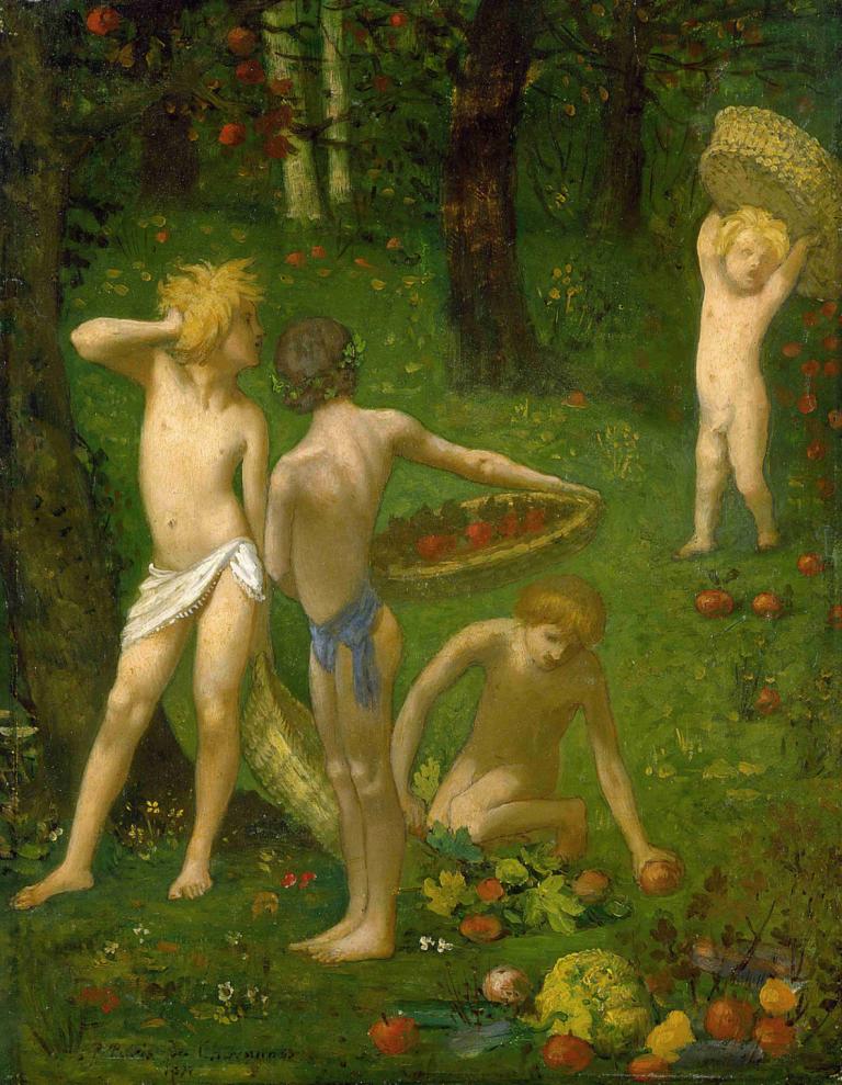 Children in an Orchard,果樹園の子供たち,Pierre Puvis de Chavannes,ピエール・ピュヴィス・ド・シャヴァンヌ,油絵,油絵, 複数の男の子, 美術パロディ, フルーツ, 自然