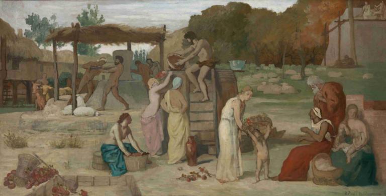 Cider,Pierre Puvis de Chavannes,Oil Painting,Oil Painting, multiple girls, multiple boys, tree, basket