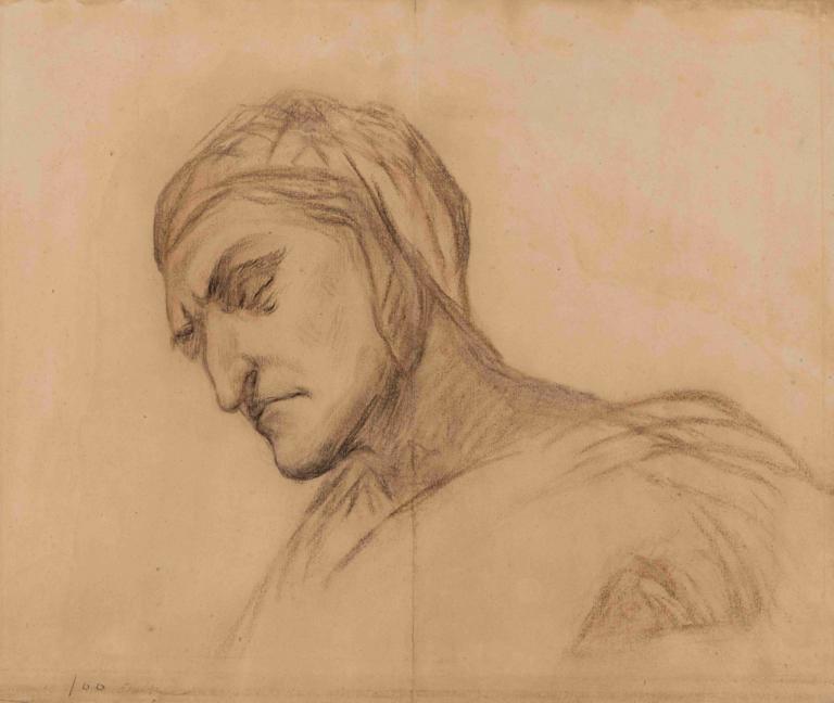 Dante, buste d'homme drapé, tête couverte de trois-quart à gauche,Dante, drapowane popiersie mężczyzny