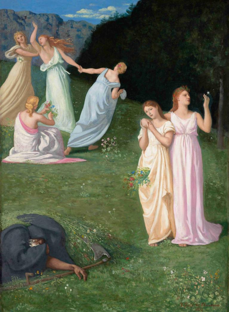 Death and The Maidens,死と乙女たち,Pierre Puvis de Chavannes,ピエール・ピュヴィス・ド・シャヴァンヌ,油絵,油絵, ドレス, 複数の女の子, 花, 美術パロディ, 屋外