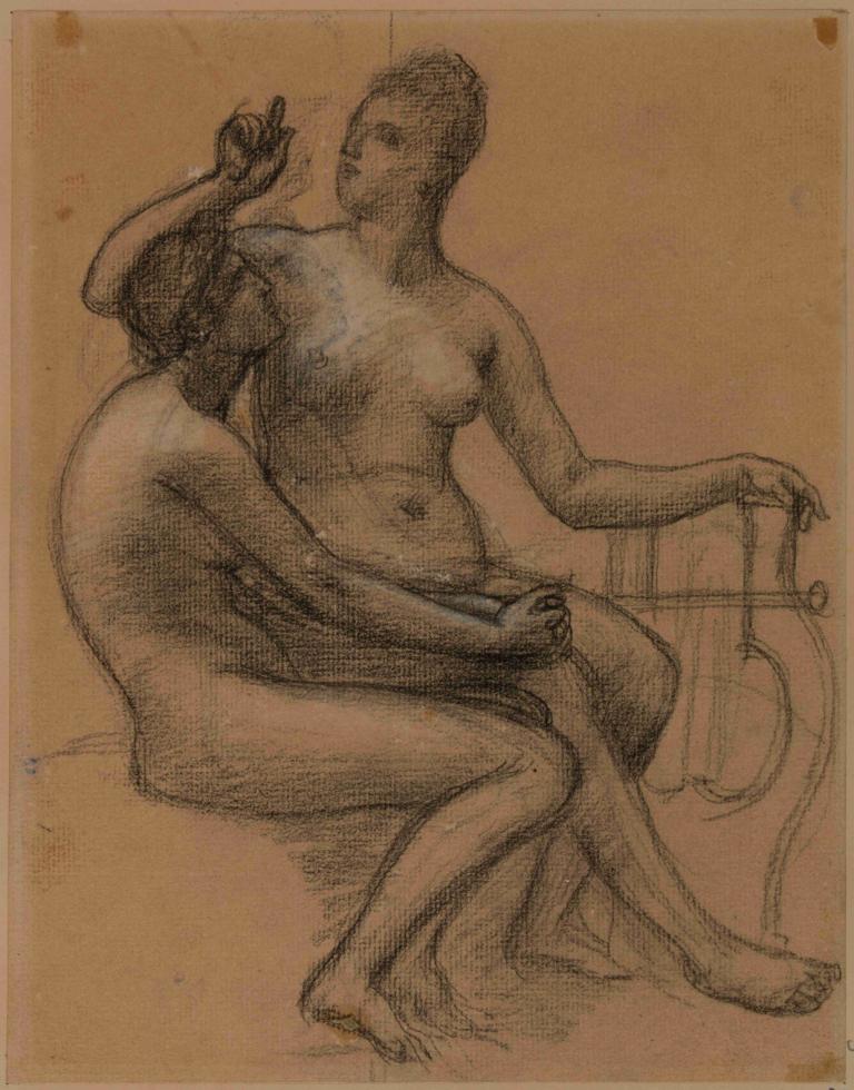 Deux femmes nues assises,Pierre Puvis de Chavannes,Sketch,Sketch, 1girl, nude, nipples, breasts, monochrome