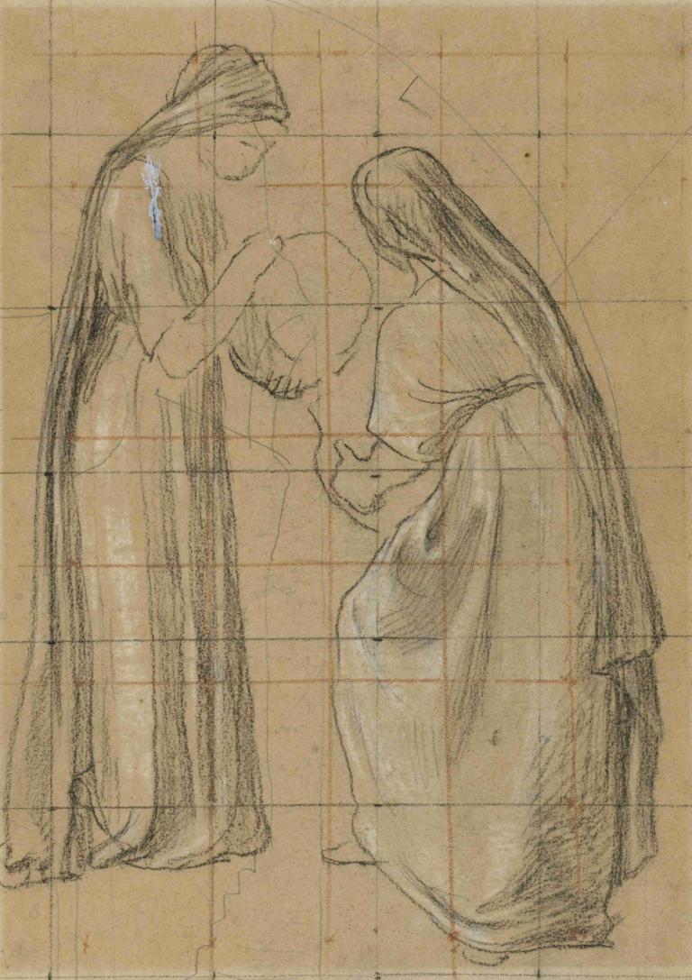 Deux femmes voilées,Pierre Puvis de Chavannes,Croquis,Croquis, cheveux longs, monochrome, 1fille, robe