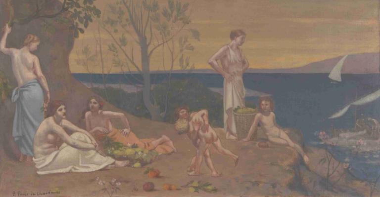 Doux Pays (Pleasant Land),ドゥー・ペイ（快適な土地）,Pierre Puvis de Chavannes,ピエール・ピュヴィス・ド・シャヴァンヌ,油絵,油絵, 複数の男の子, 美術パロディ