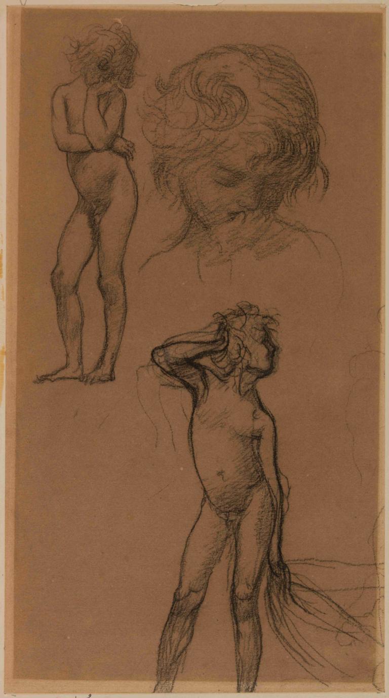 Etude d'enfants,Pierre Puvis de Chavannes,Sketch,Sketch, 1girl, nude, sketch, monochrome, traditional media