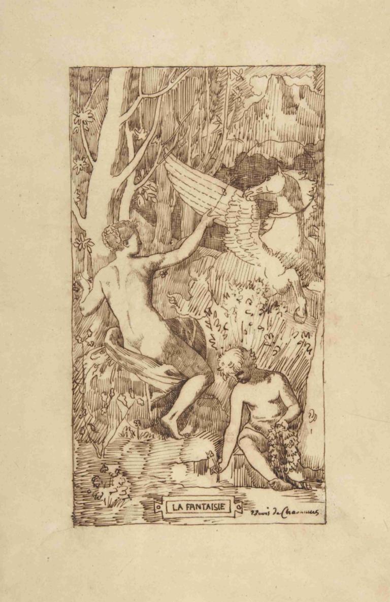 Fantasy,Fantasie,Pierre Puvis de Chavannes,Skizze,Skizze, mehrere Jungen, einfarbig, Baum, nackt, Boot, Natur