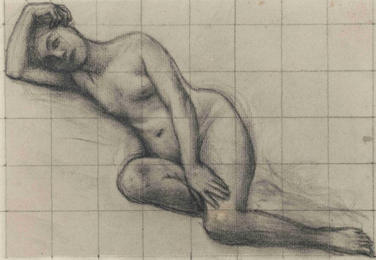 Femme nue allongée,Liggende naakte vrouw,Pierre Puvis de Chavannes,Schetsen,Schetsen, solo, naakt, monochroom