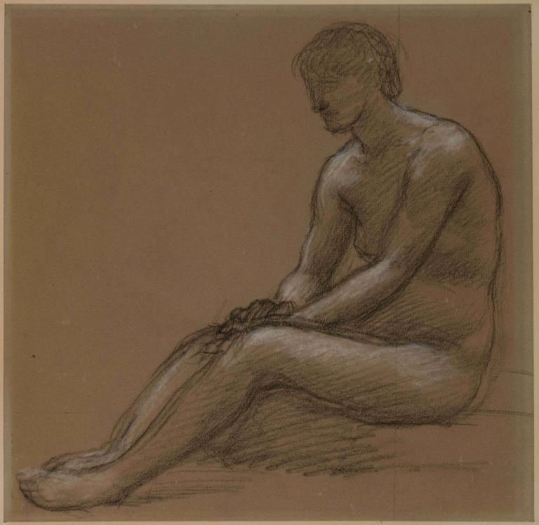 Femme nue assise,앉은 누드 여성,Pierre Puvis de Chavannes,피에르 푸비스 드 샤반느,스케치,스케치, 독주, 나체상, 좌석, 여자 1명, 스케치, 단색화, 맨발