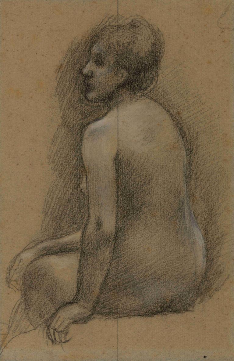 Femme nue assise de dos,裸体女子从后面坐着,Pierre Puvis de Chavannes,皮埃尔-普维斯-德-沙凡内,素描,素描, 1个女孩, 独奏, 裸体, 单色, 坐着, 草图