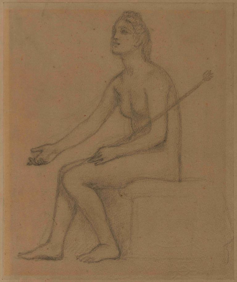 Femme nue assise, de profil à gauche,坐着的裸体女人，侧面向左,Pierre Puvis de Chavannes,皮埃尔-普维斯-德-沙凡内,素描,素描, 1个女孩, 独奏, 裸体