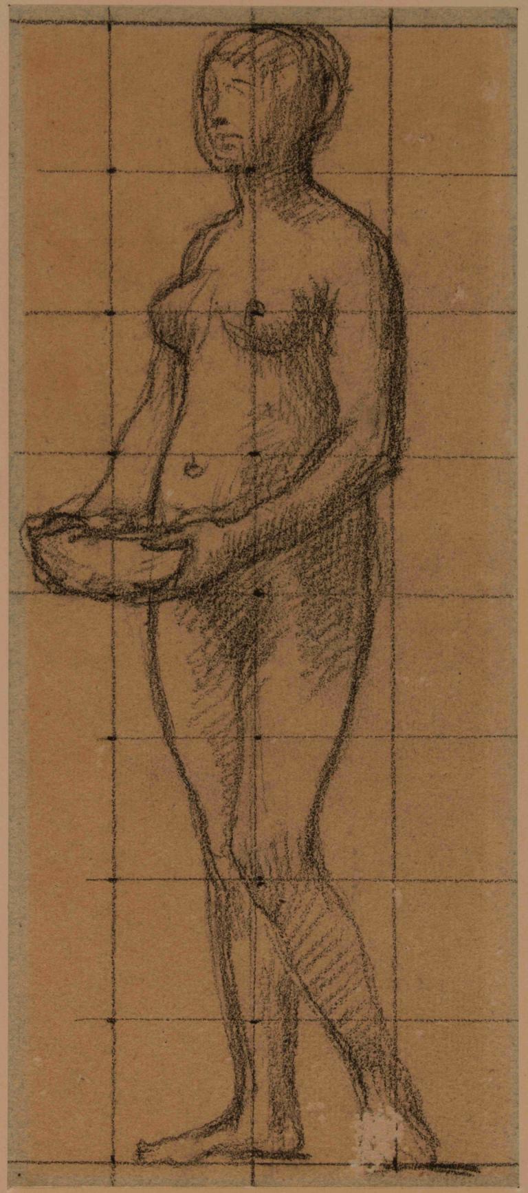 Femme nue de face, tenant un bol dans ses mains,Pierre Puvis de Chavannes,Sketch,Sketch, 1girl, solo, breasts