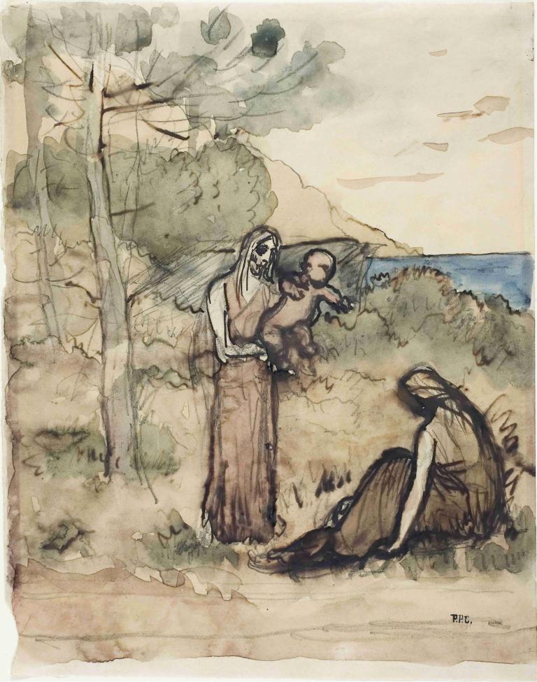 Fisherman's Family,Familia de pescadores,Pierre Puvis de Chavannes,Pintura al óleo,Pintura al óleo, árbol