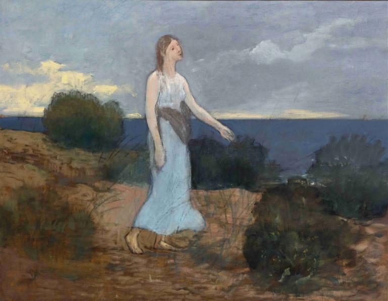 La Fée Aux Grèves,Pierre Puvis de Chavannes,Pintura al óleo,Pintura al óleo, 1 chica, solo, vestido, nube