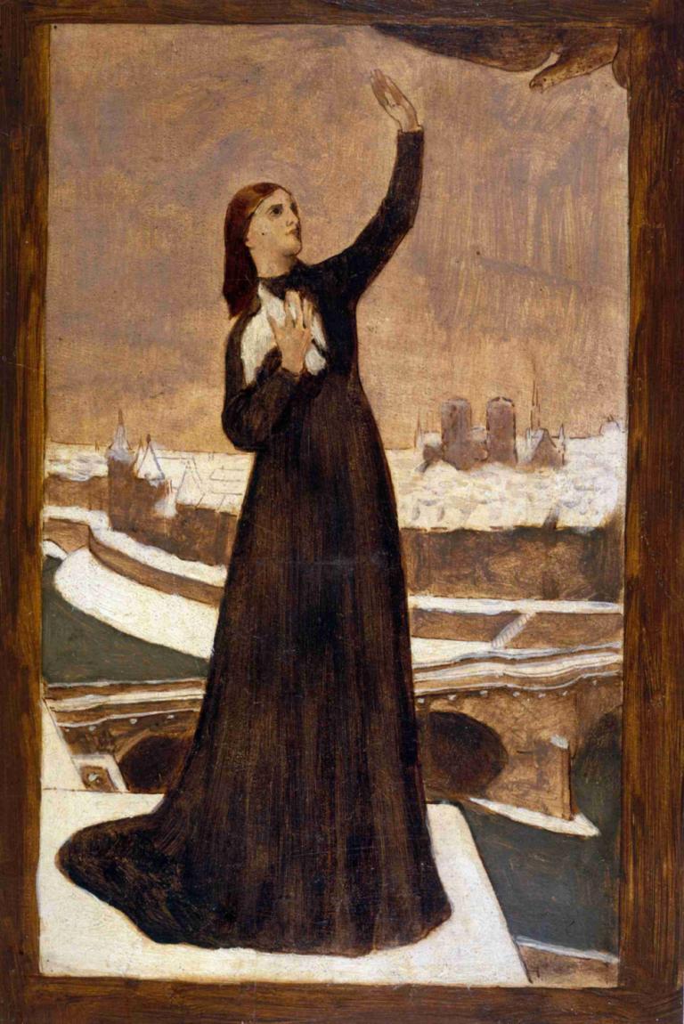 Le Pigeon voyageur,信鸽,Pierre Puvis de Chavannes,皮埃尔-普维斯-德-沙凡内,油画,油画, 1个女孩, 独奏, 裙子, 美术模仿, 棕色的头发, 黑裙子, 抬头看