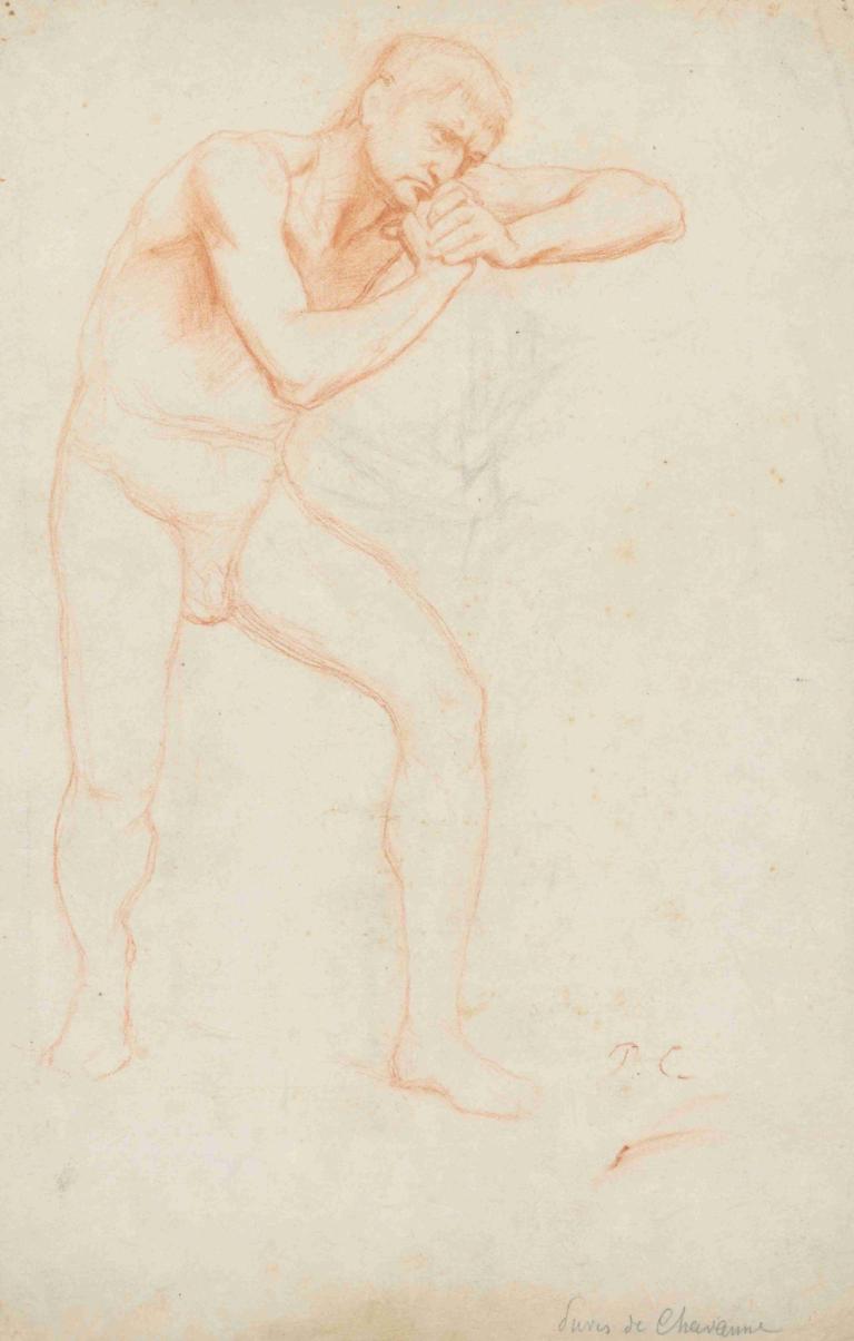 Male Nude,男性裸体,Pierre Puvis de Chavannes,皮埃尔-普维斯-德-沙凡内,素描,素描, 独奏, 1男孩, 男性焦点, 单色, 草图, 内衣, 传统媒体, 短发