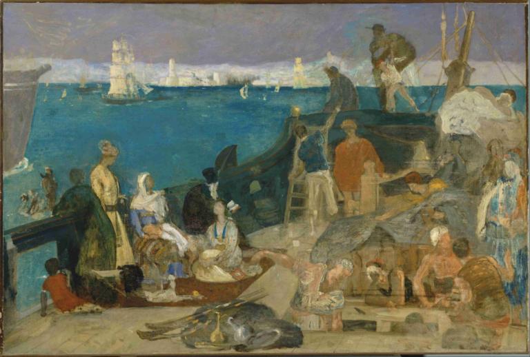 Marseilles, Gateway to the Orient,东方门户马赛,Pierre Puvis de Chavannes,皮埃尔-普维斯-德-沙凡内,油画,油画, 船只, 船, 船, 多个男孩, 6+男孩