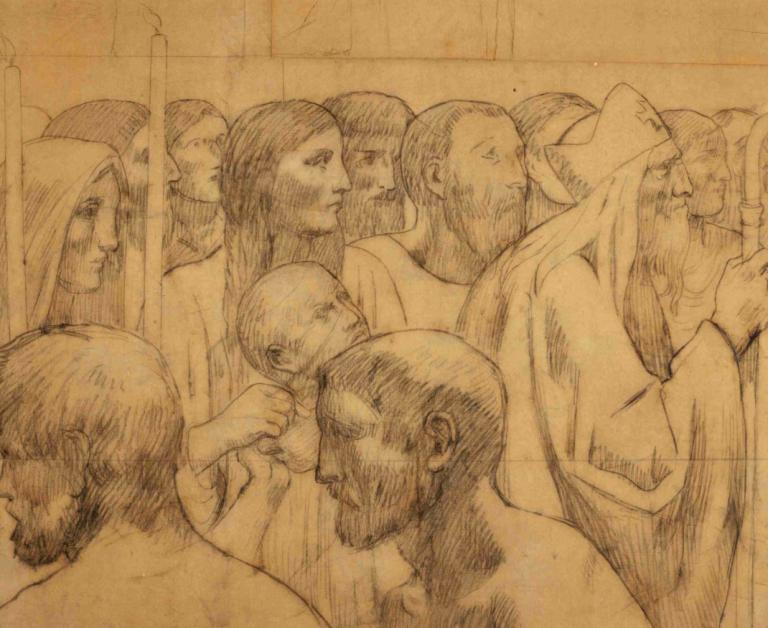 Mural Study for Fresco of St. Genevieve,圣热纳维耶夫壁画研究,Pierre Puvis de Chavannes,皮埃尔-普维斯-德-沙凡内,素描,素描, 多个男孩, 6+男孩