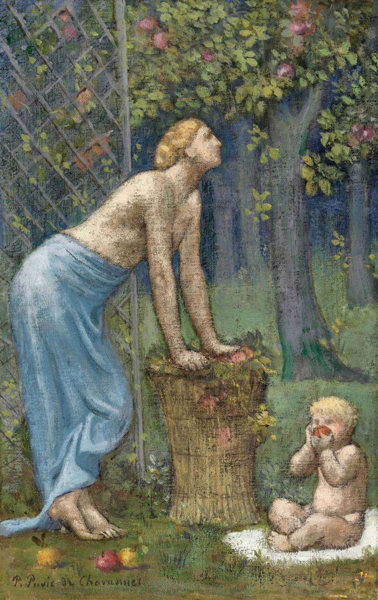 Recolte des Pommes,Pierre Puvis de Chavannes,Oil Painting,Oil Painting, blonde hair, tree, barefoot, nature