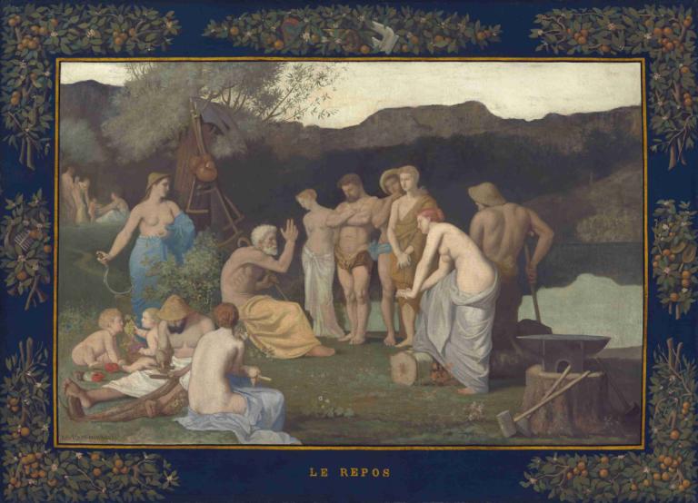 Rest,Pierre Puvis de Chavannes,Oil Painting,Oil Painting, fine art parody, multiple boys, parody, fruit