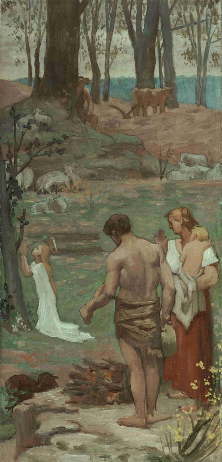 Sainte Geneviève enfant en prière,Pierre Puvis de Chavannes,Oil Painting,Oil Painting, tree, 1boy