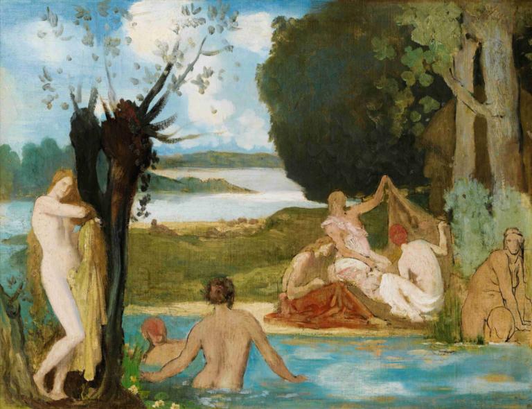 Sketch For Summer; The Bath,Pierre Puvis de Chavannes,Oil Painting,Oil Painting, fine art parody, tree, nude