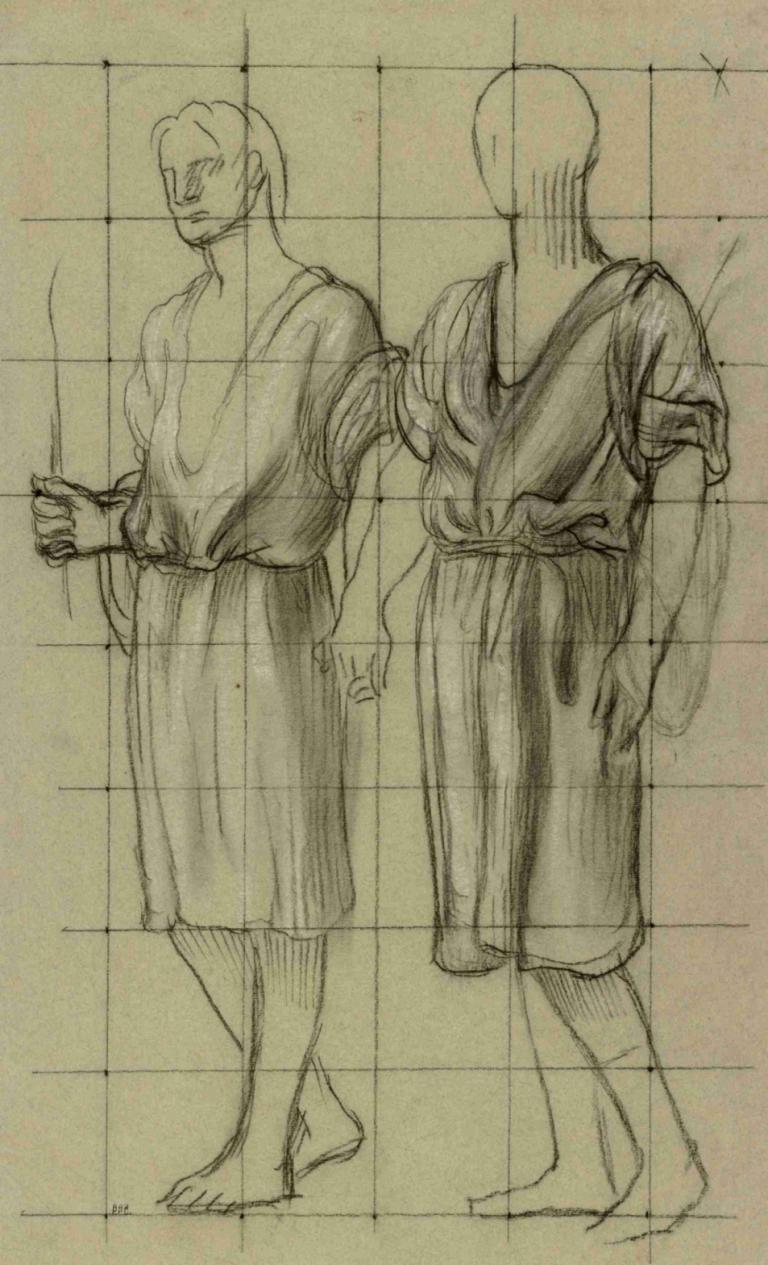 Study of Two Standing Figures,兩位常青樹人物的研究,Pierre Puvis de Chavannes,皮埃爾·普維斯·德·查瓦內,素描,素描, 赤腳, 單色, 草圖, 男性焦點