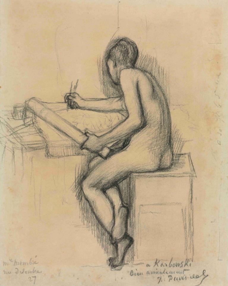 Study of a Seated Nude Female Model Drawing,一幅坐著的裸體女模寫生研究,Pierre Puvis de Chavannes,皮埃爾·普維斯·德·查瓦內,素描,素描, 草圖