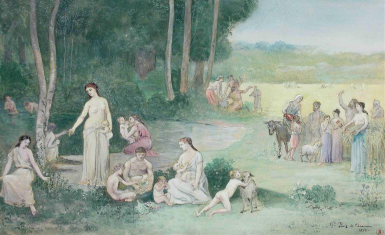 Summer,夏天,Pierre Puvis de Chavannes,皮埃爾·普維斯·德·查瓦內,油畫,油畫, 多個男孩, 自然, 多個女孩, 美術模仿, 繪畫（中）, 戶外, 馬, 6+男孩, 樹, 水彩（中）