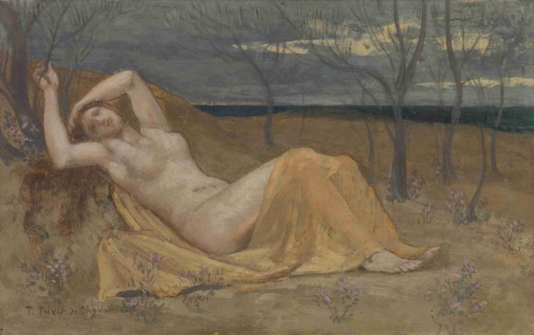 Tamaris,塔瑪瑞斯,Pierre Puvis de Chavannes,皮埃爾·普維斯·德·查瓦內,油畫,油畫, 1個女孩, 美術模仿, 獨奏, 裸體, 乳房, 樹, 赤腳, 乳頭, 說謊, 長髮, 臍