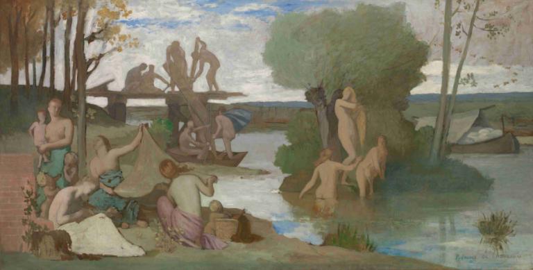 The River,De rivier,Pierre Puvis de Chavannes,Olieverf,Olieverf, parodie op beeldende kunst, boom, boot