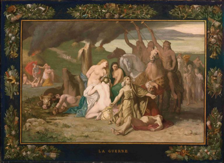 War,Oorlog,Pierre Puvis de Chavannes,Olieverf,Olieverf, parodie op beeldende kunst, paard, meerdere meisjes