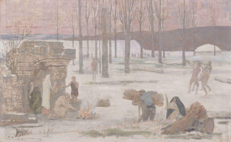 Winter,Pierre Puvis de Chavannes,Olieverf,Olieverf, boom, buitenshuis, kale boom, meerdere jongens, sneeuw