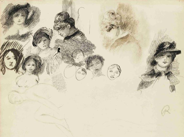 Études,Pierre-Auguste Renoir,Sketch,Sketch, multiple girls, multiple boys, breasts, monochrome, nude, sketch