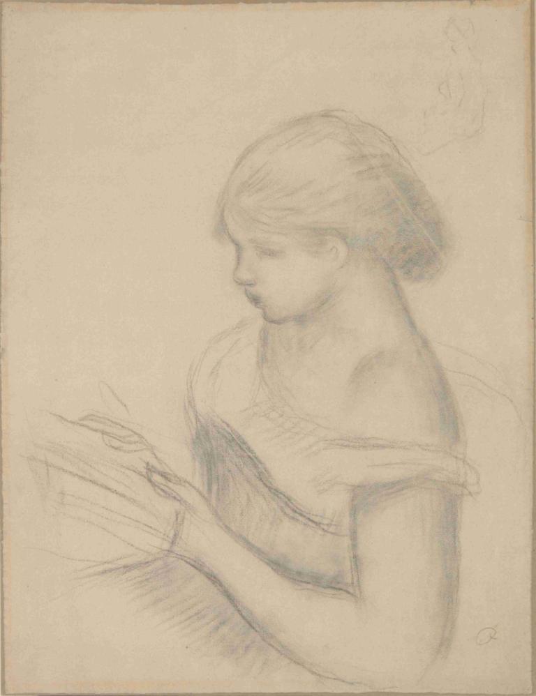 A Girl Reading,Pierre-Auguste Renoir,Sketch,Sketch, 1girl, solo, monochrome, sketch, short hair, closed eyes