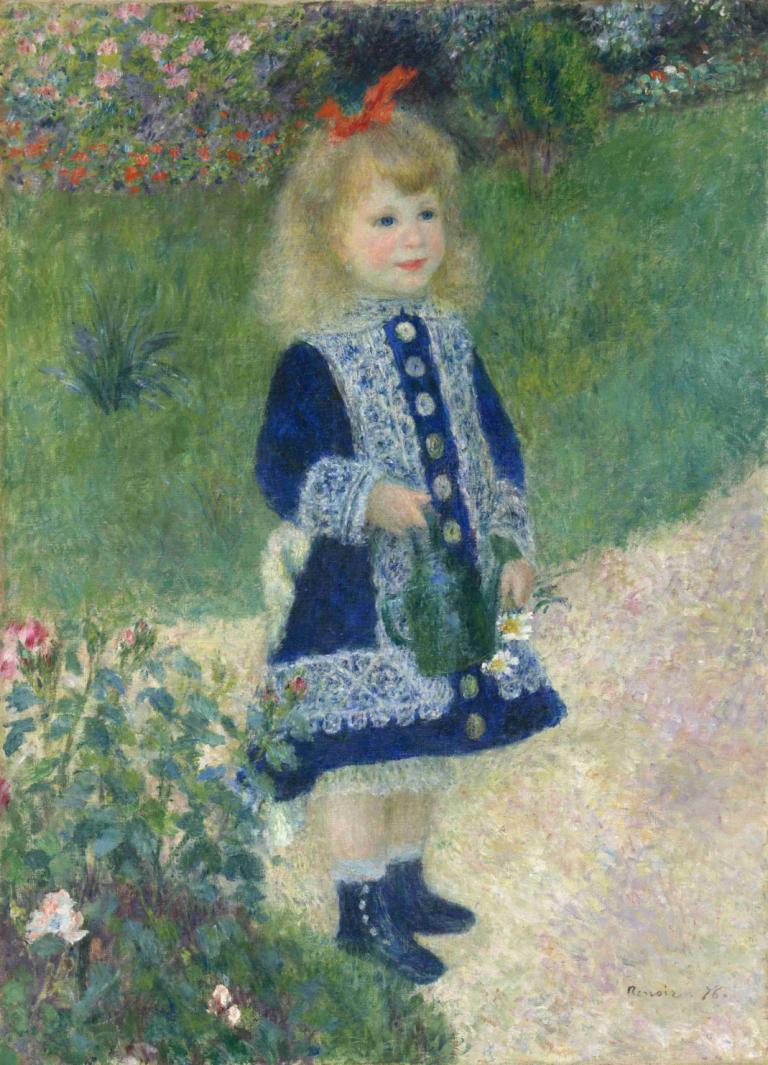 A Girl with a Watering Can,Pierre-Auguste Renoir,Oil Painting,Oil Painting, 1girl, solo, flower, blonde hair