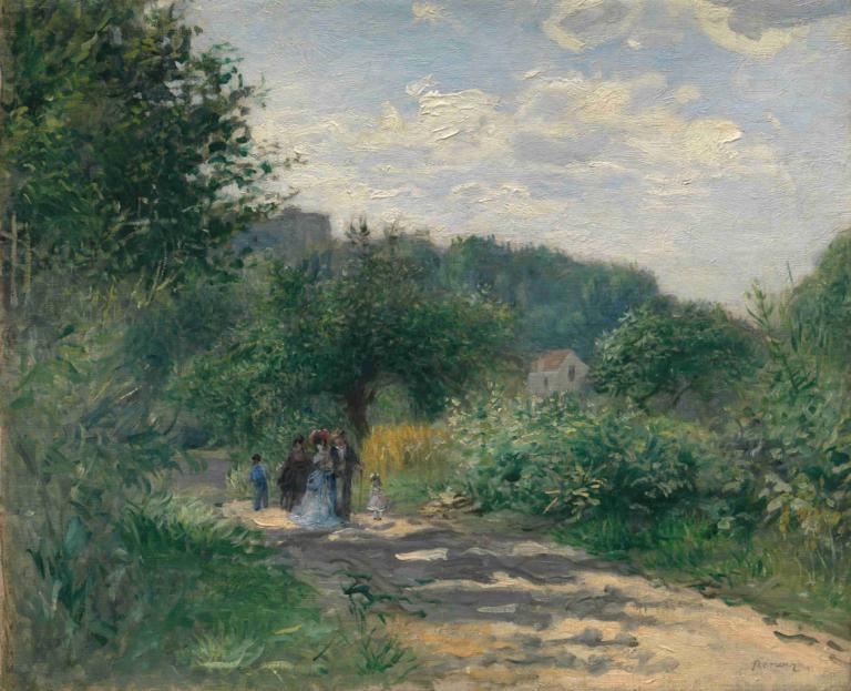 A Road in Louveciennes,Pierre-Auguste Renoir,Oil Painting,Oil Painting, tree, outdoors, multiple girls, cloud