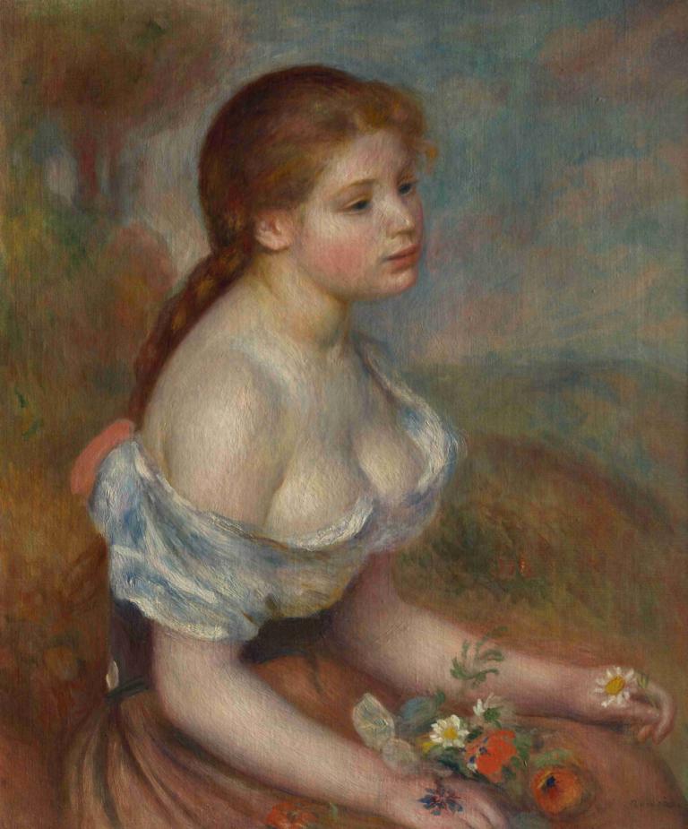 A Young Girl with Daisies,Pierre-Auguste Renoir,Oil Painting,Oil Painting, 1girl, solo, flower, breasts