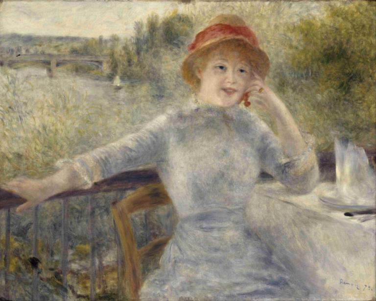 Alphonsine Fournaise,Pierre-Auguste Renoir,Oil Painting,Oil Painting, 1girl, solo, hat, traditional media