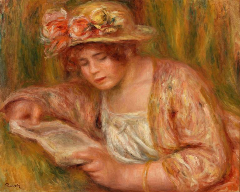 Andrée in a Hat, Reading (Andrée en chapeau, lisant),Andrée con il cappello, lettura,Pierre-Auguste Renoir