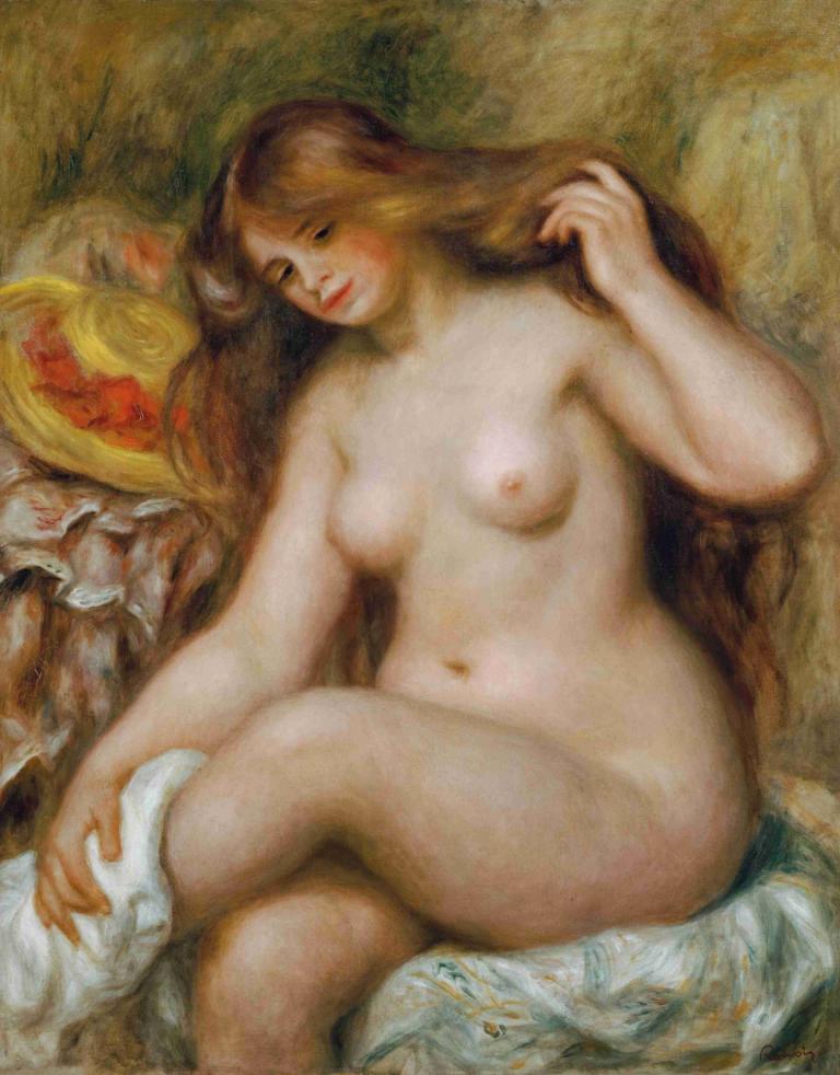 Badende mit blondem, offenem Haar,Pierre-Auguste Renoir,Oil Painting,Oil Painting, fine art parody, 1girl