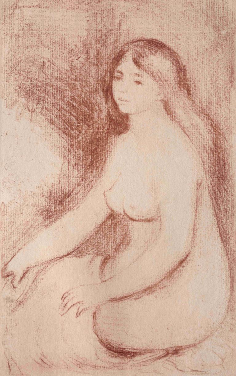 Baigneuse assise,Pierre-Auguste Renoir,Sketch,Sketch, 1girl, solo, nipples, breasts, monochrome, nude