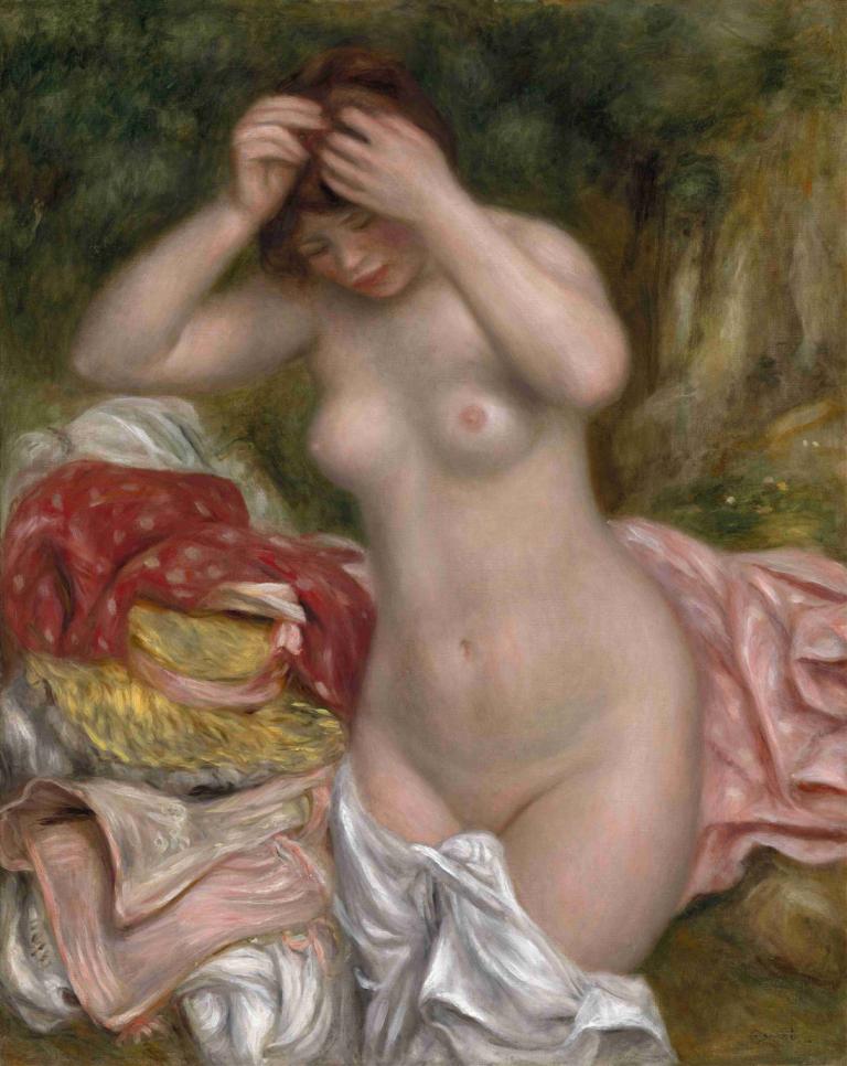 Bather Arranging Her Hair,Pierre-Auguste Renoir,Oil Painting,Oil Painting, fine art parody, 1girl, nude