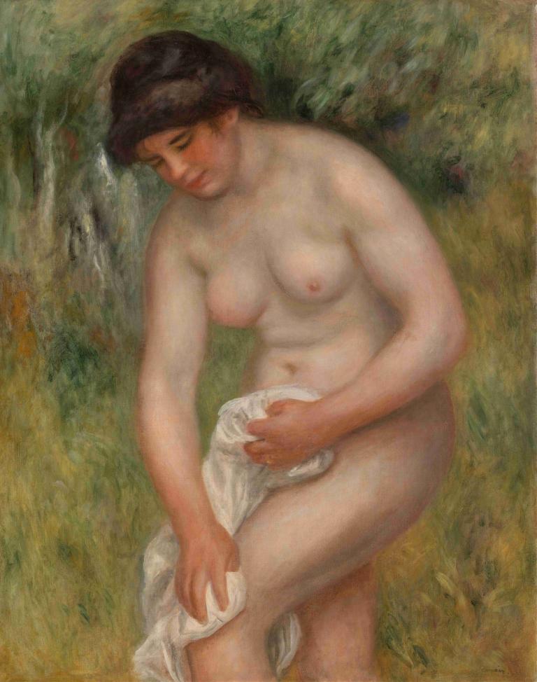 Bather Drying Herself (Baigneuse s'essuyant),Pierre-Auguste Renoir,Oil Painting,Oil Painting, 1girl, solo