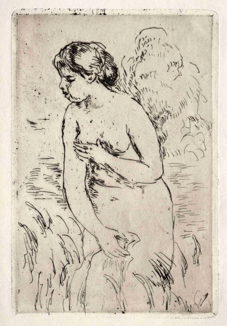 Bather Standing Up to Her Knees,Pierre-Auguste Renoir,Sketch,Sketch, 1girl, solo, monochrome, nude