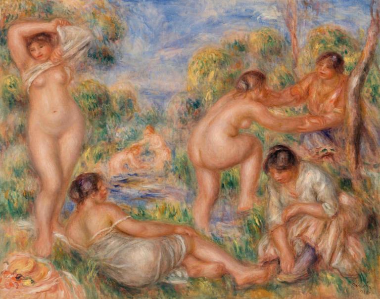 Bathing Group,Pierre-Auguste Renoir,Oil Painting,Oil Painting, fine art parody, realistic, breasts, tree