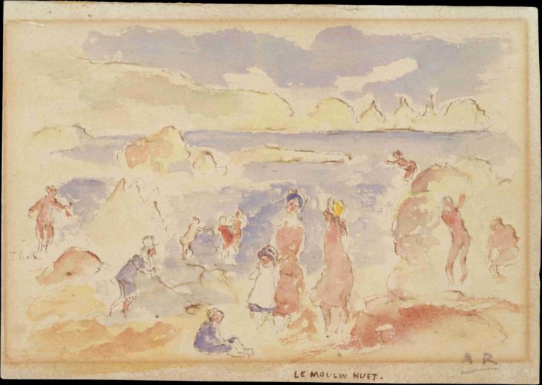 Beach Scene,Pierre-Auguste Renoir,Oil Painting,Oil Painting, multiple boys, multiple girls, traditional media