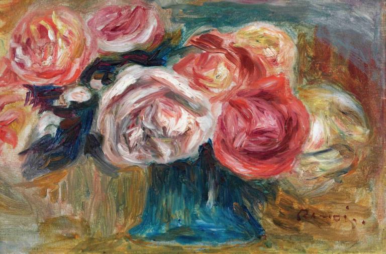 Bouquet De Roses Dans Un Vase,Pierre-Auguste Renoir,Oil Painting,Oil Painting, flower, solo, rose