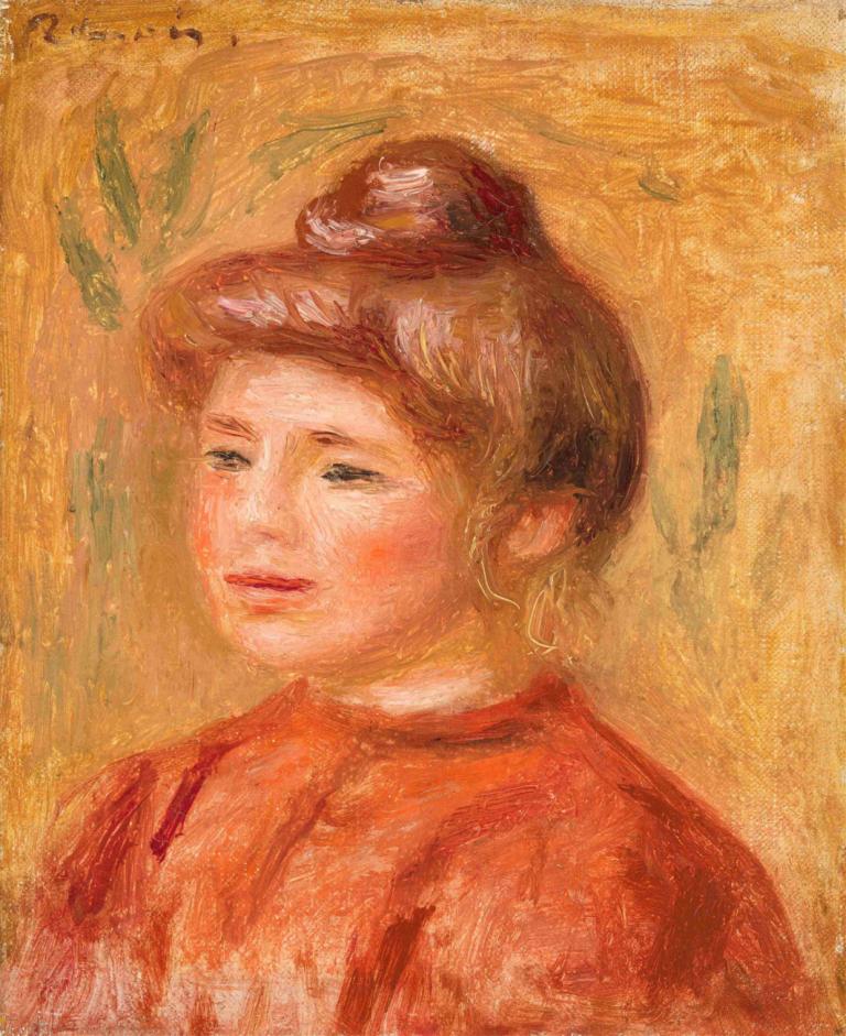 Bust of Woman in Red (Buste de femme en rouge),Pierre-Auguste Renoir,Oil Painting,Oil Painting, solo, 1girl