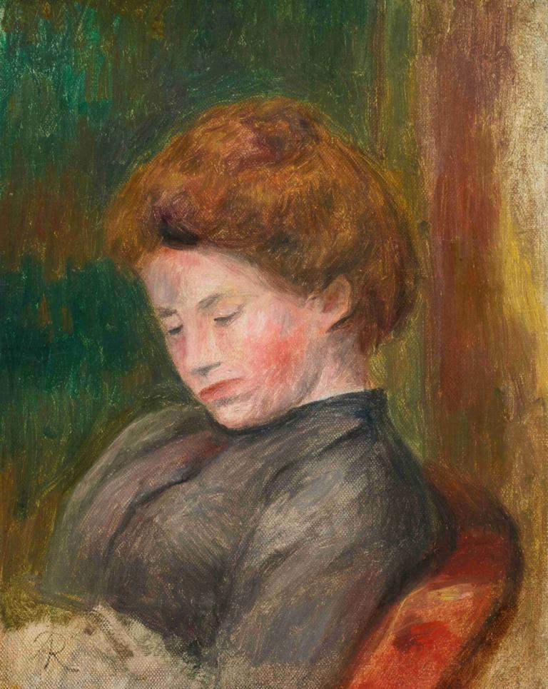 Buste De Femme,Pierre-Auguste Renoir,Oil Painting,Oil Painting, solo, 1girl, closed eyes, traditional media