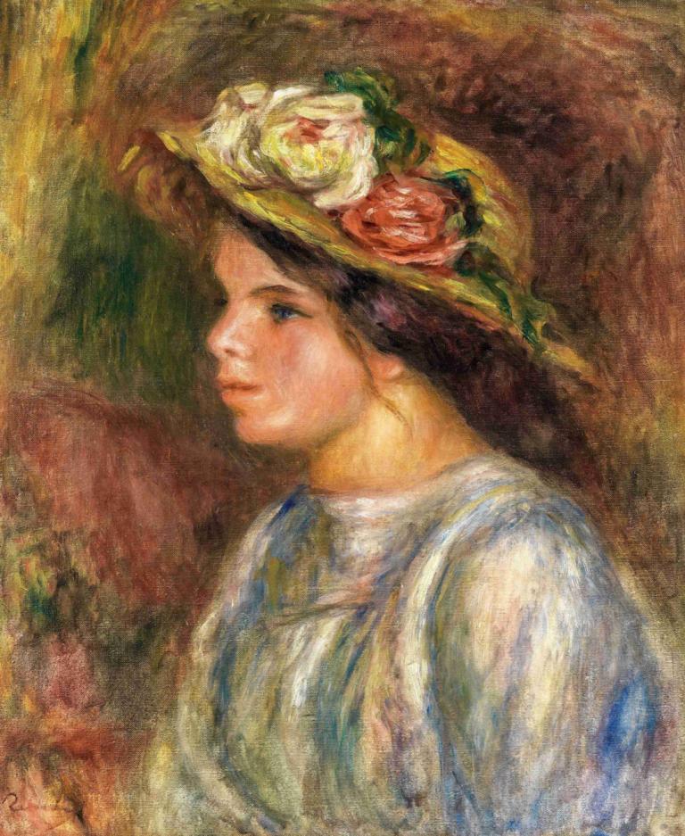 Buste De Femme, Chapeau De Paille Garni,Pierre-Auguste Renoir,Oil Painting,Oil Painting, 1girl, solo, hat