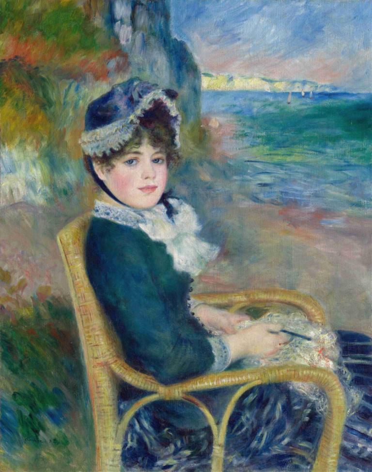 By the Seashore,Pierre-Auguste Renoir,Oil Painting,Oil Painting, 1girl, solo, traditional media